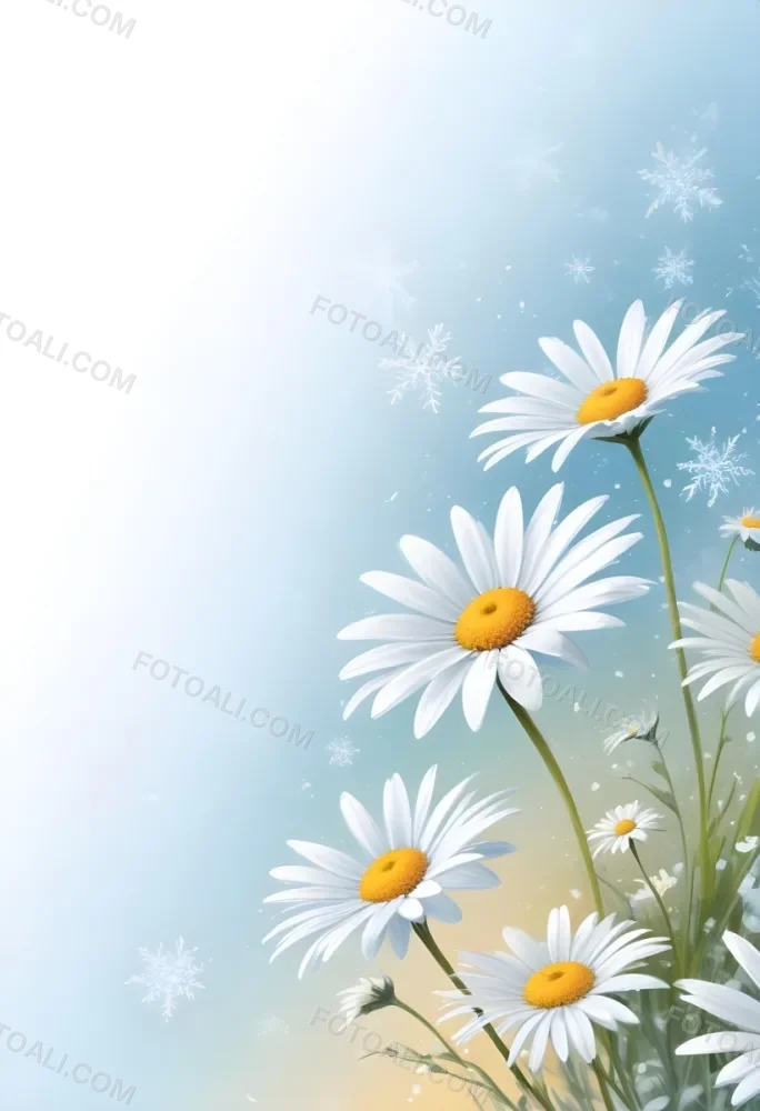 Digital Painting Daisies In The Lower Right Corner Light Blue Background With White Snowflakes White Space On The Left Pastel Colors Soft Lighting Gentle And Calming Atmosphere Bold And Slim Lines Brush Strokes 8 Fcc1