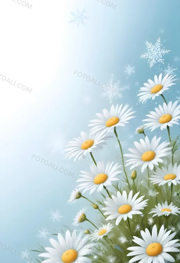 Digital Painting Daisies In The Lower Right Corner Light Blue Background With White Snowflakes White Space On The Left Pastel Colors Soft Lighting Gentle And Calming Atmosphere Bold And Slim Lines Brush Strokes 9 2ba5