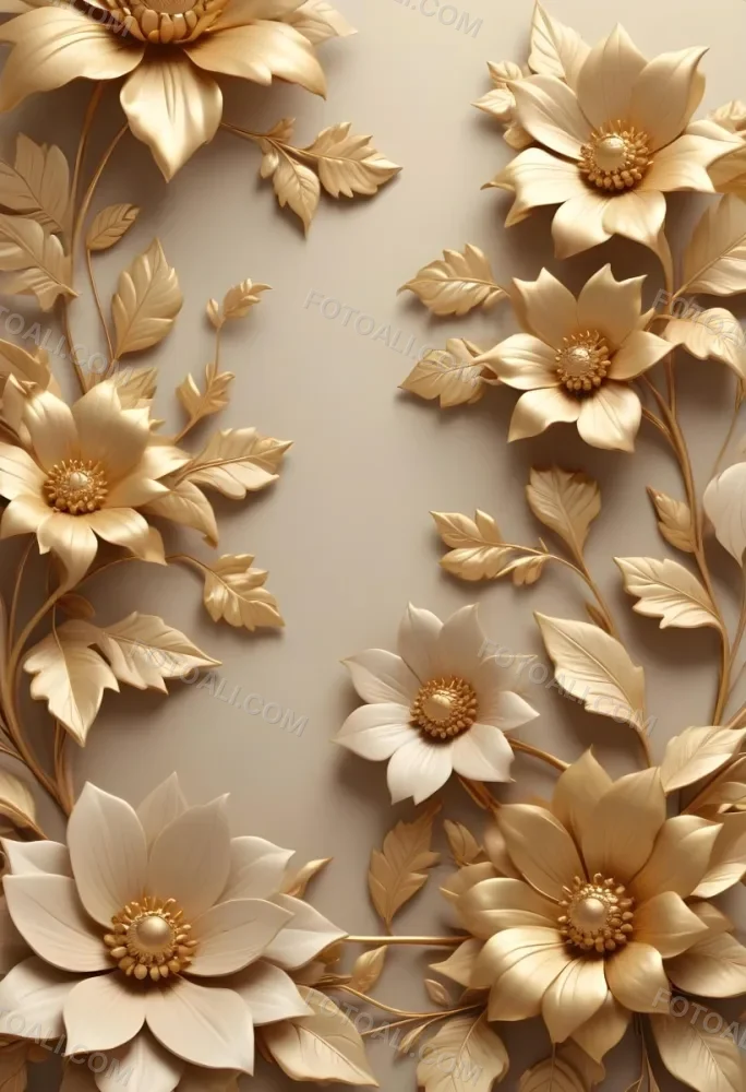 Digital Painting Elegant Floral Background With Large Golden Flowers And Leaves On A Light Beige Background Bold And Slim Lines Brush Strokes 12 95ab