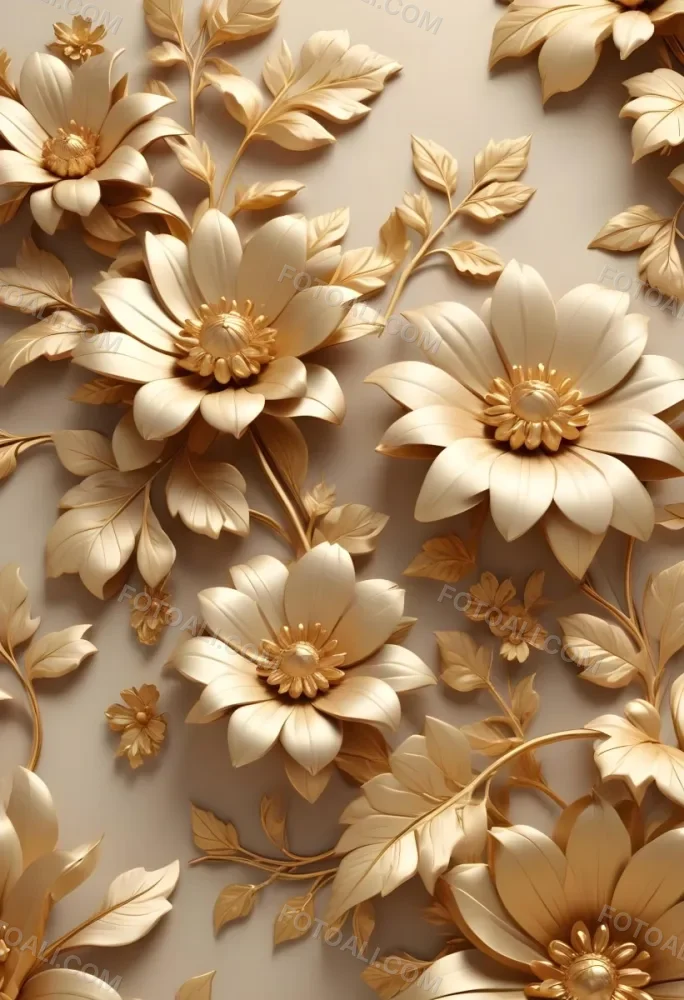 Digital Painting Elegant Floral Background With Large Golden Flowers And Leaves On A Light Beige Background Bold And Slim Lines Brush Strokes 20 9a37