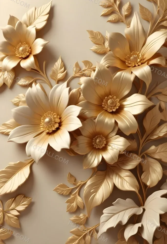 Digital Painting Elegant Floral Background With Large Golden Flowers And Leaves On A Light Beige Background Bold And Slim Lines Brush Strokes 28 D3fe