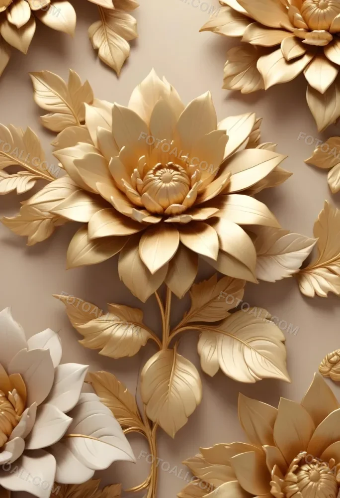Digital Painting Elegant Floral Background With Large Golden Flowers And Leaves On A Light Beige Background Bold And Slim Lines Brush Strokes 29 4db0