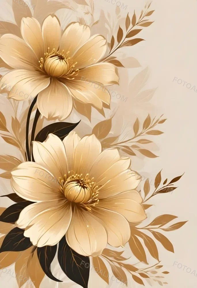 Digital Painting Elegant Floral Background With Large Golden Flowers And Leaves On A Light Beige Background Bold And Slim Lines Brush Strokes 45 7187