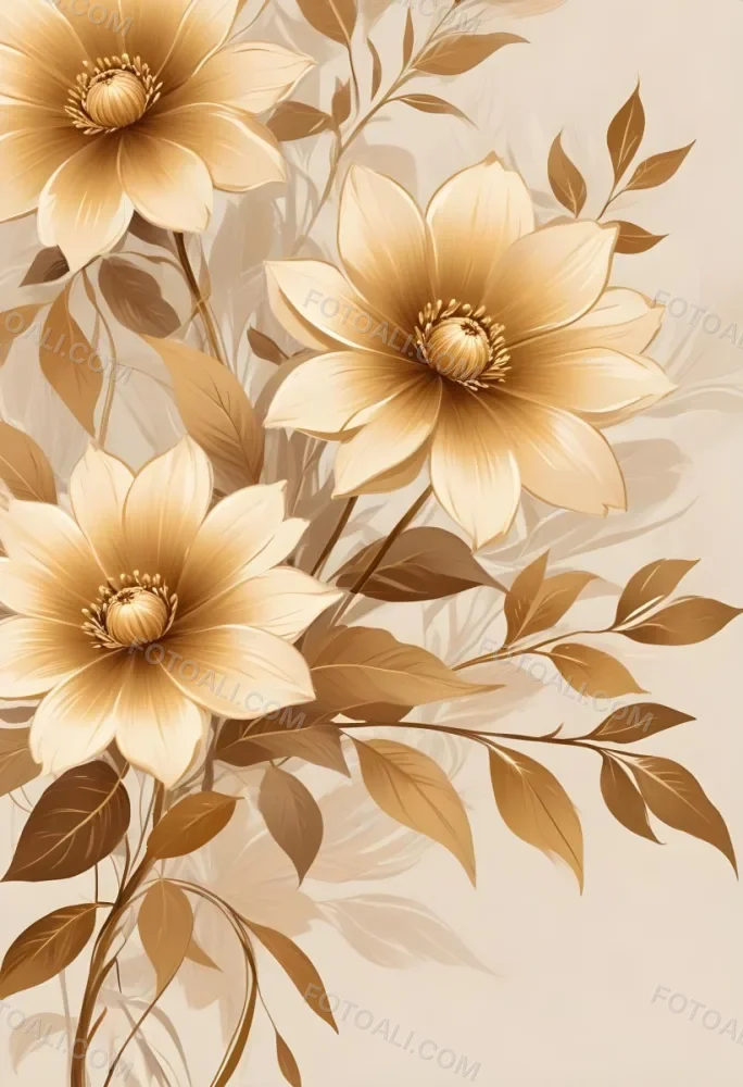 Digital Painting Elegant Floral Background With Large Golden Flowers And Leaves On A Light Beige Background Bold And Slim Lines Brush Strokes 55 D850