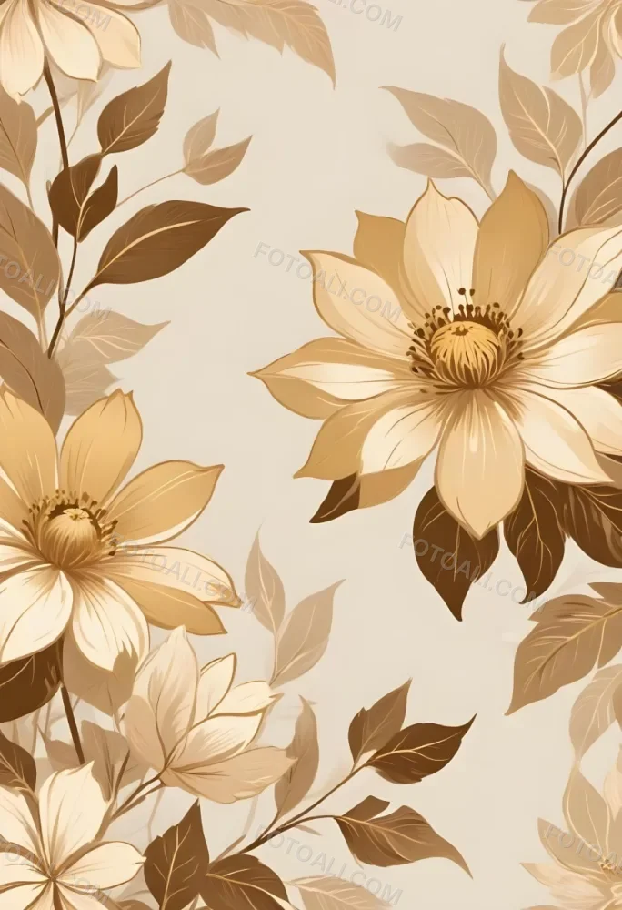 Digital Painting Elegant Floral Background With Large Golden Flowers And Leaves On A Light Beige Background Bold And Slim Lines Brush Strokes 57 Cfd3