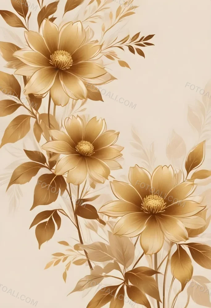 Digital Painting Elegant Floral Background With Large Golden Flowers And Leaves On A Light Beige Background Bold And Slim Lines Brush Strokes 58 C385
