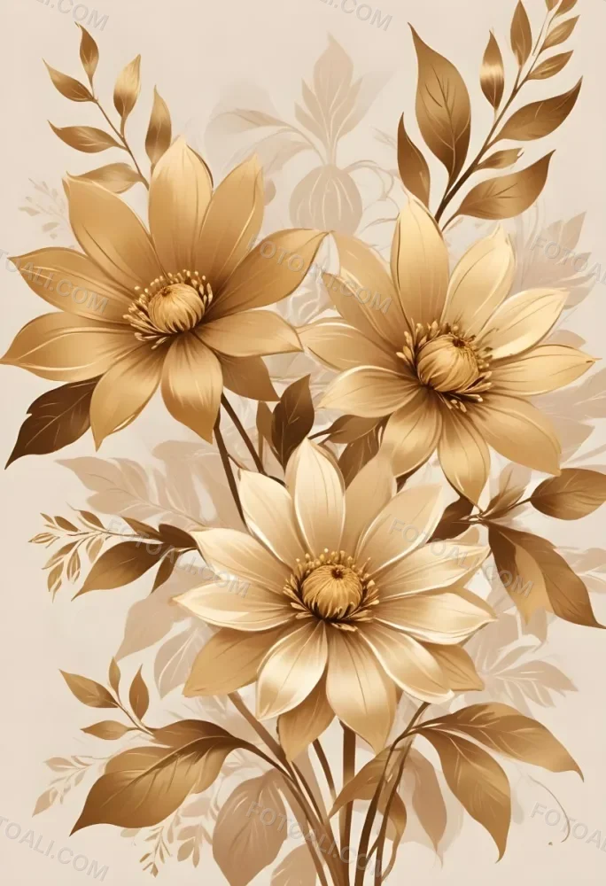 Digital Painting Elegant Floral Background With Large Golden Flowers And Leaves On A Light Beige Background Bold And Slim Lines Brush Strokes 61 A739