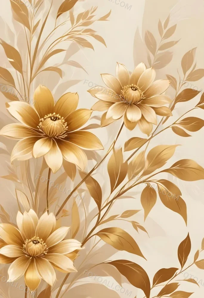 Digital Painting Elegant Floral Background With Large Golden Flowers And Leaves On A Light Beige Background Bold And Slim Lines Brush Strokes 65 Ba20