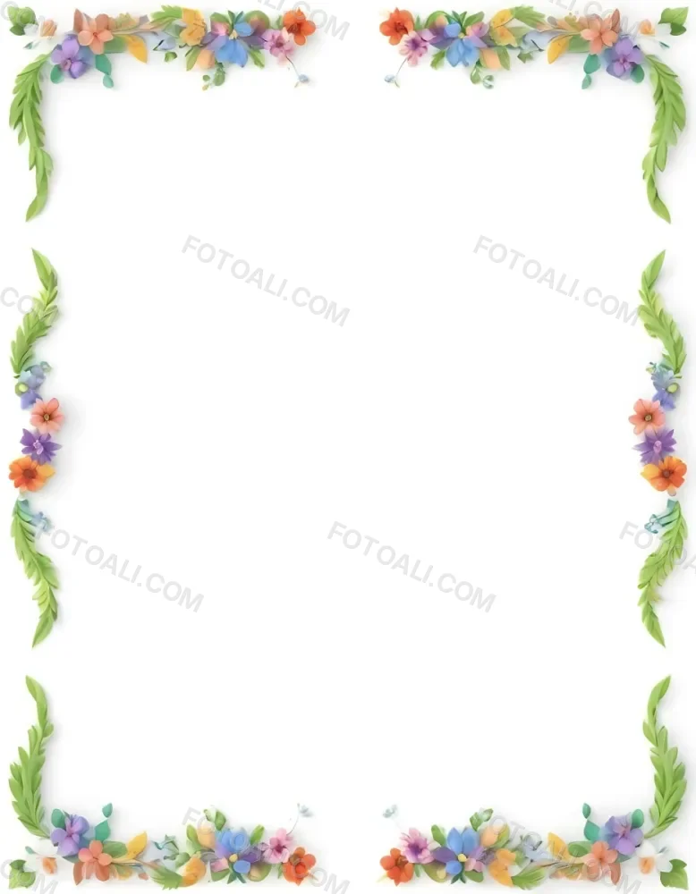 Digital Painting Floral Frame With Colorful Flowers And Green Leaves On A White Background Bold And Slim Lines Brush Strokes 13 E034