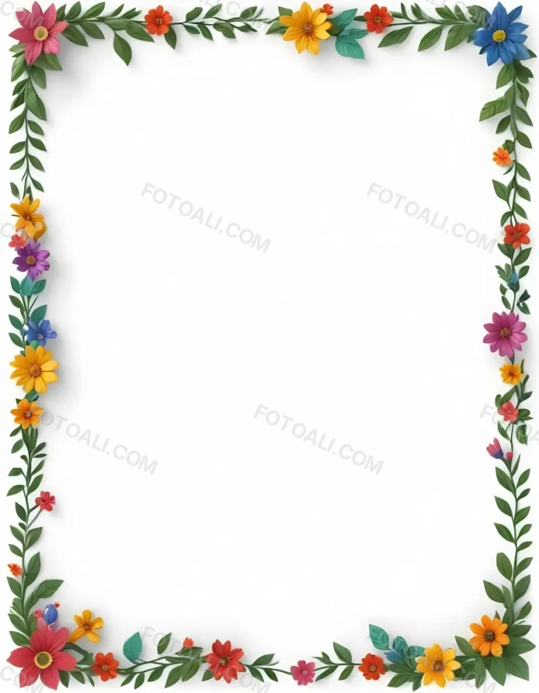 Digital Painting Floral Frame With Colorful Flowers And Green Leaves On A White Background Bold And Slim Lines Brush Strokes 17 85c0