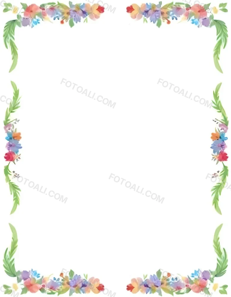 Digital Painting Floral Frame With Colorful Flowers And Green Leaves On A White Background Bold And Slim Lines Brush Strokes 20 Fd04