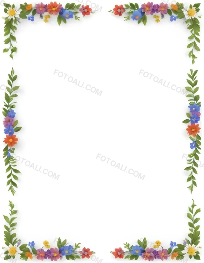 Digital Painting Floral Frame With Colorful Flowers And Green Leaves On A White Background Bold And Slim Lines Brush Strokes 21 E7c4