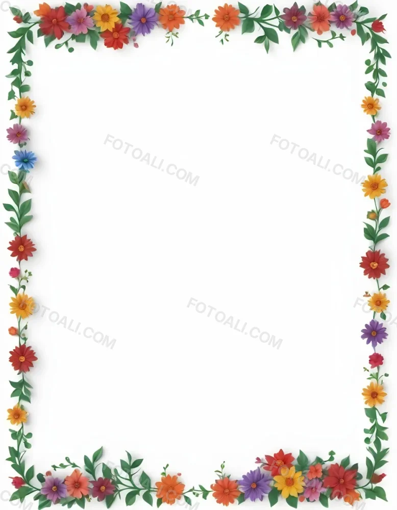 Digital Painting Floral Frame With Colorful Flowers And Green Leaves On A White Background Bold And Slim Lines Brush Strokes 33 28c9
