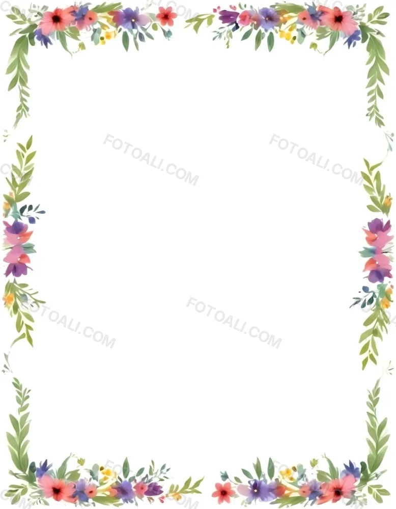 Digital Painting Floral Frame With Colorful Flowers And Green Leaves On A White Background Bold And Slim Lines Brush Strokes 34 Ff02