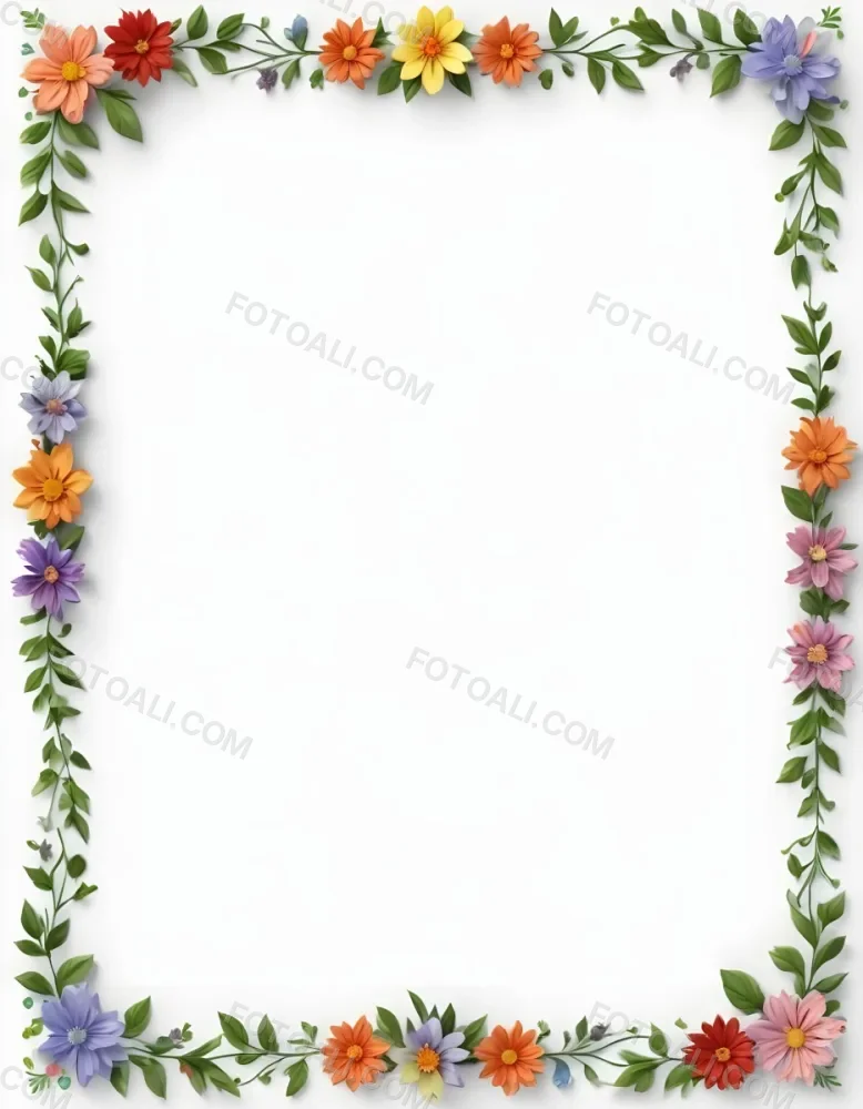 Digital Painting Floral Frame With Colorful Flowers And Green Leaves On A White Background Bold And Slim Lines Brush Strokes 35 4af9