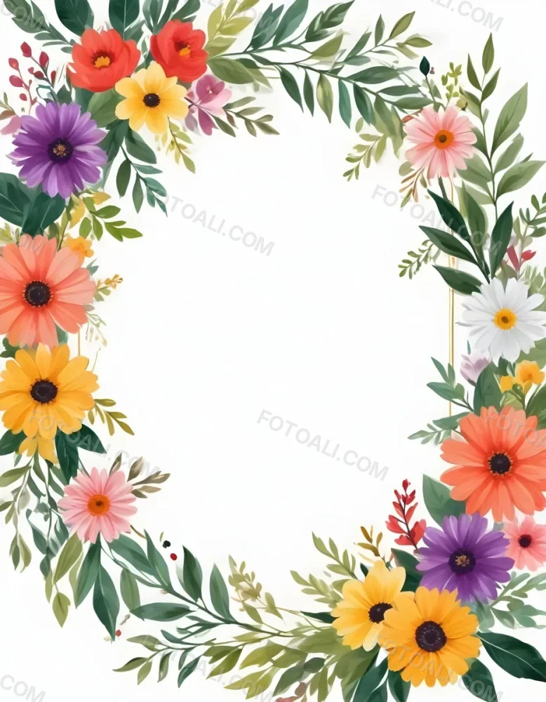 Digital Painting Floral Frame With Colorful Flowers And Green Leaves On A White Background Bold And Slim Lines Brush Strokes 38 D8af