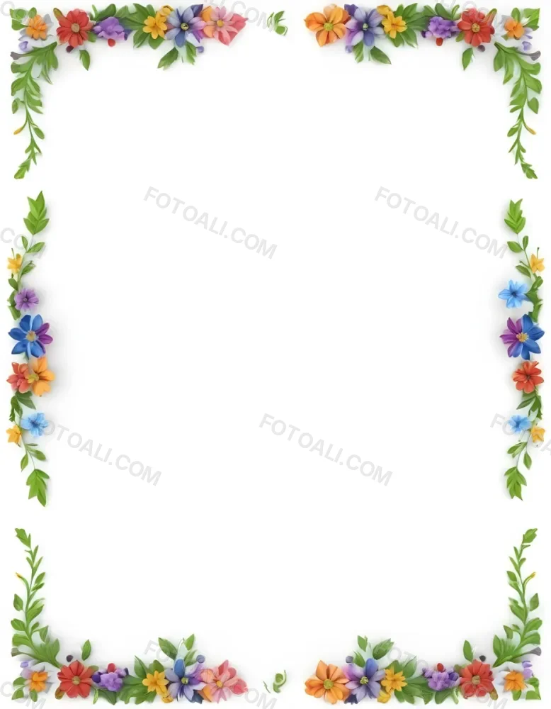 Digital Painting Floral Frame With Colorful Flowers And Green Leaves On A White Background Bold And Slim Lines Brush Strokes 39 Bf11