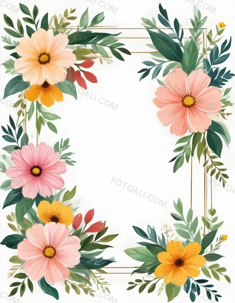 Digital Painting Floral Frame With Colorful Flowers And Green Leaves On A White Background Bold And Slim Lines Brush Strokes 43 028a