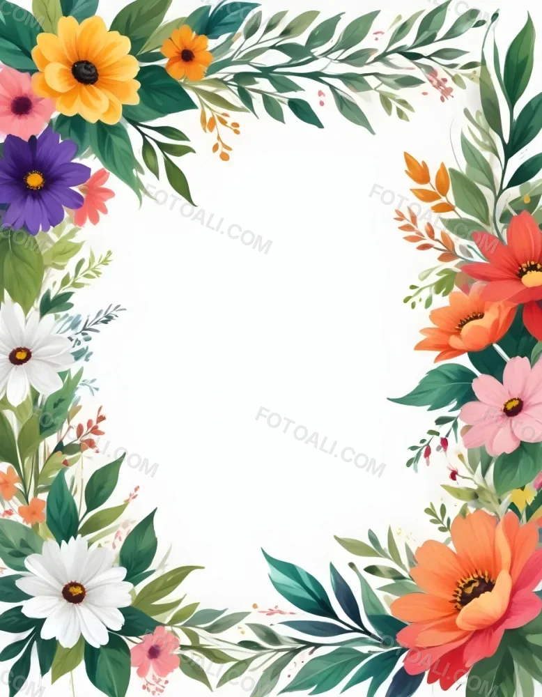 Digital Painting Floral Frame With Colorful Flowers And Green Leaves On A White Background Bold And Slim Lines Brush Strokes 46 Fc0c