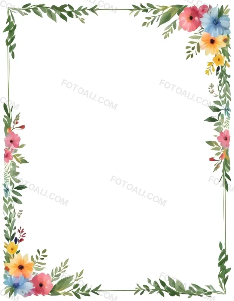 Digital Painting Floral Frame With Colorful Flowers And Green Leaves On A White Background Bold And Slim Lines Brush Strokes 47 F69b