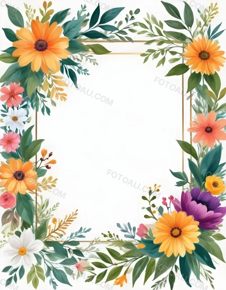 Digital Painting Floral Frame With Colorful Flowers And Green Leaves On A White Background Bold And Slim Lines Brush Strokes 48 F79a