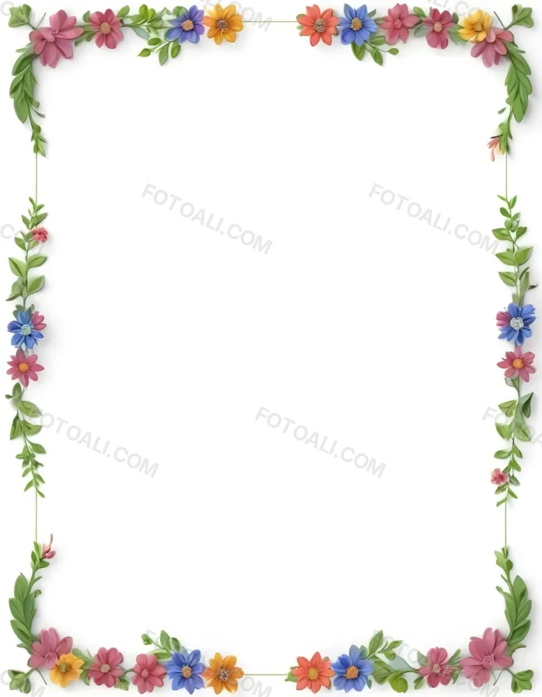 Digital Painting Floral Frame With Colorful Flowers And Green Leaves On A White Background Bold And Slim Lines Brush Strokes 7 2542