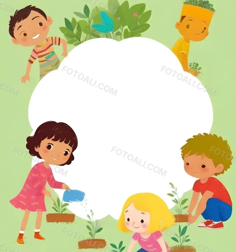 Digital Painting Four Kids With An Average Age Of 6 And Mixed Races Around A White Cloud Planting Plants In A Garden With Trees Bold And Slim Lines Brush Strokes 1 3851