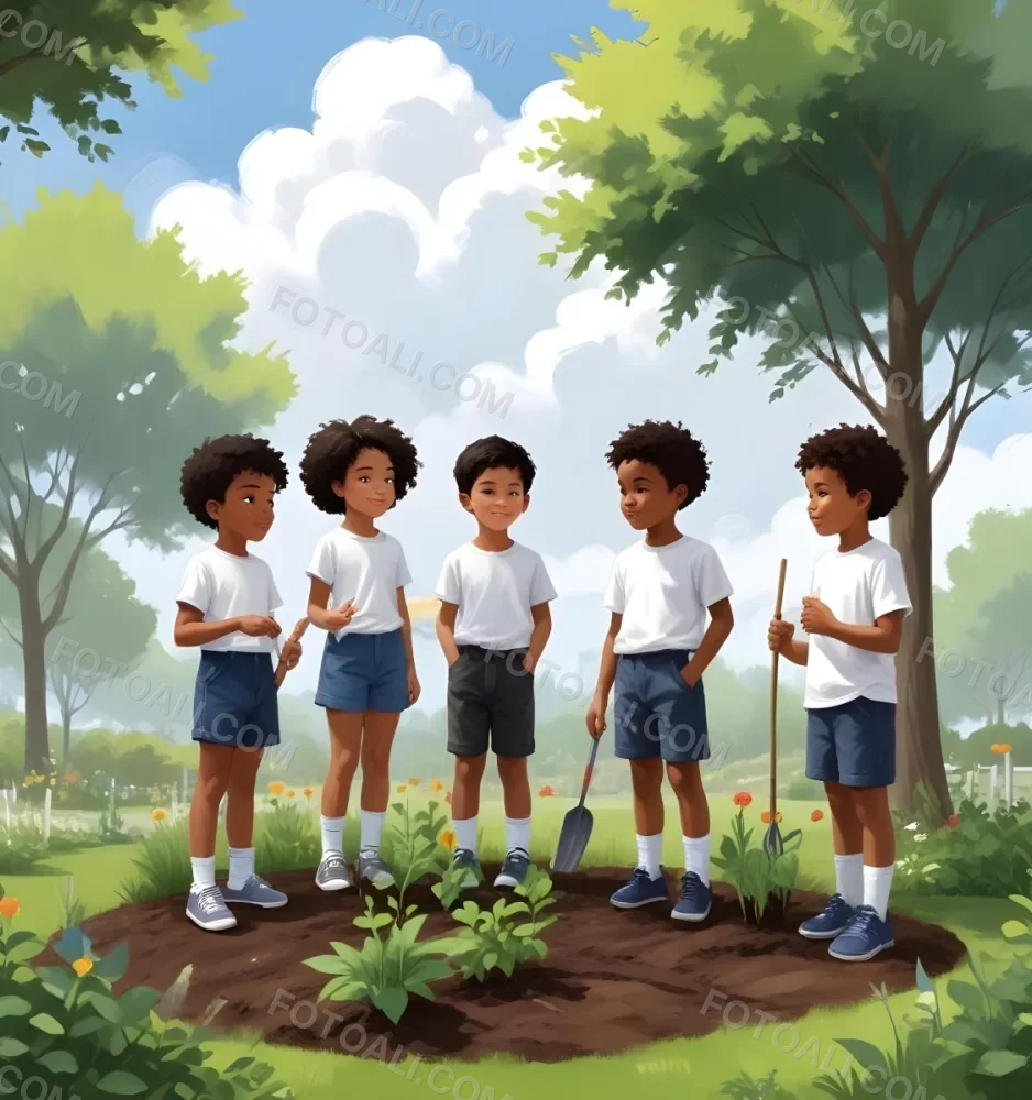 Digital Painting Four Kids With An Average Age Of 6 And Mixed Races Around A White Cloud Planting Plants In A Garden With Trees Bold And Slim Lines Brush Strokes 10 D4a6