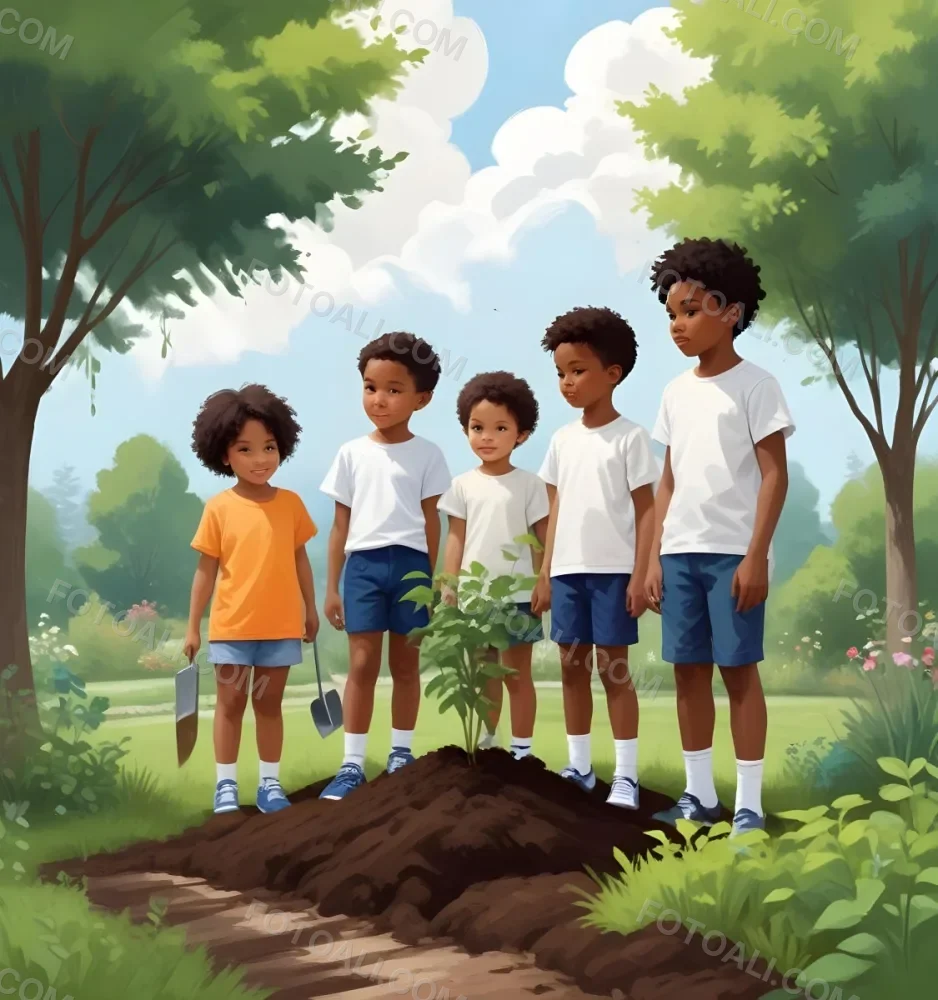 Digital Painting Four Kids With An Average Age Of 6 And Mixed Races Around A White Cloud Planting Plants In A Garden With Trees Bold And Slim Lines Brush Strokes 12 1fb3