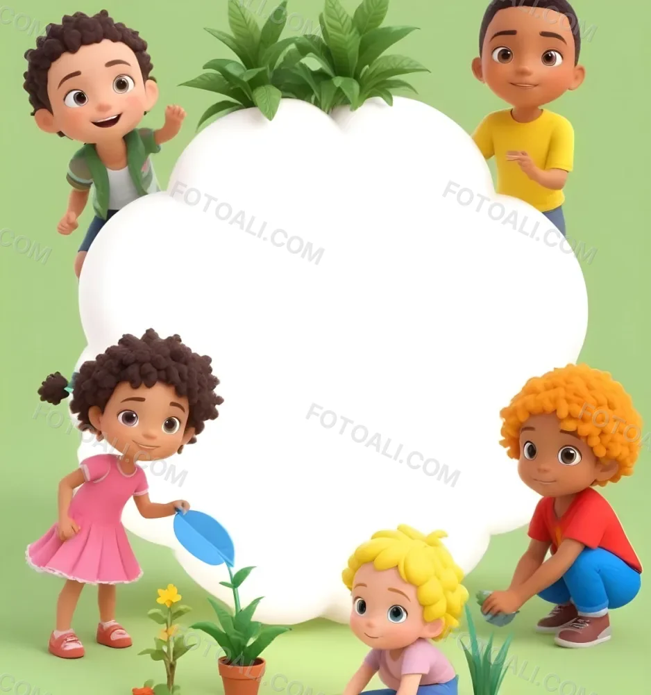 Digital Painting Four Kids With An Average Age Of 6 And Mixed Races Around A White Cloud Planting Plants In A Garden With Trees Bold And Slim Lines Brush Strokes 14 Bff6