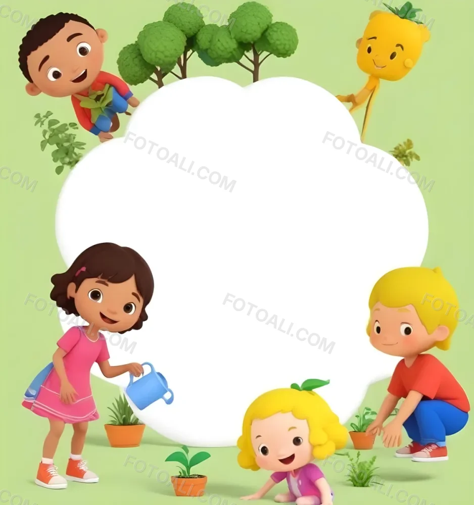 Digital Painting Four Kids With An Average Age Of 6 And Mixed Races Around A White Cloud Planting Plants In A Garden With Trees Bold And Slim Lines Brush Strokes 16 3222