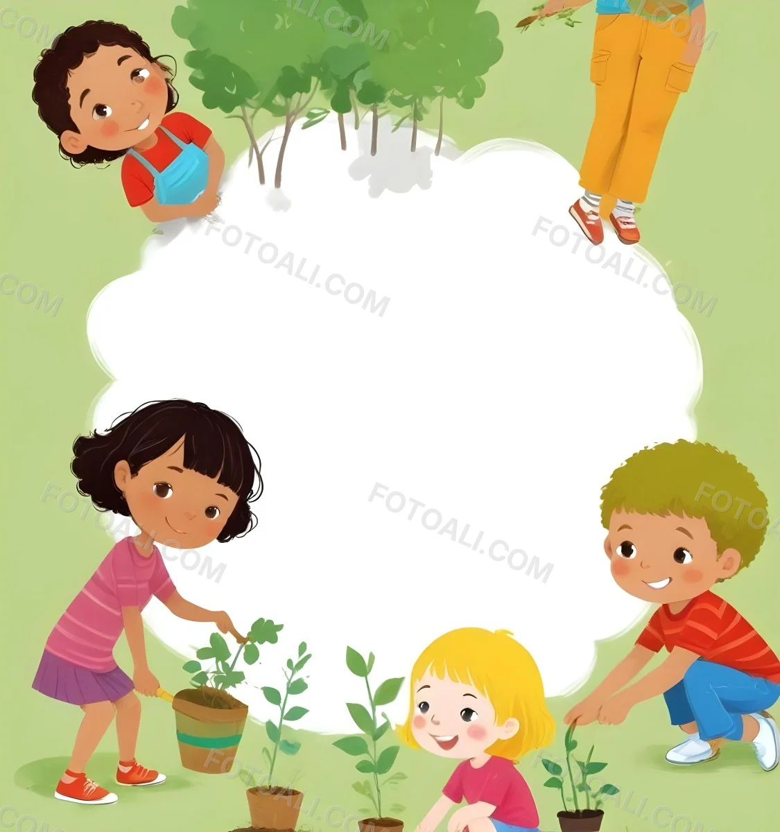Digital Painting Four Kids With An Average Age Of 6 And Mixed Races Around A White Cloud Planting Plants In A Garden With Trees Bold And Slim Lines Brush Strokes 3 B30c