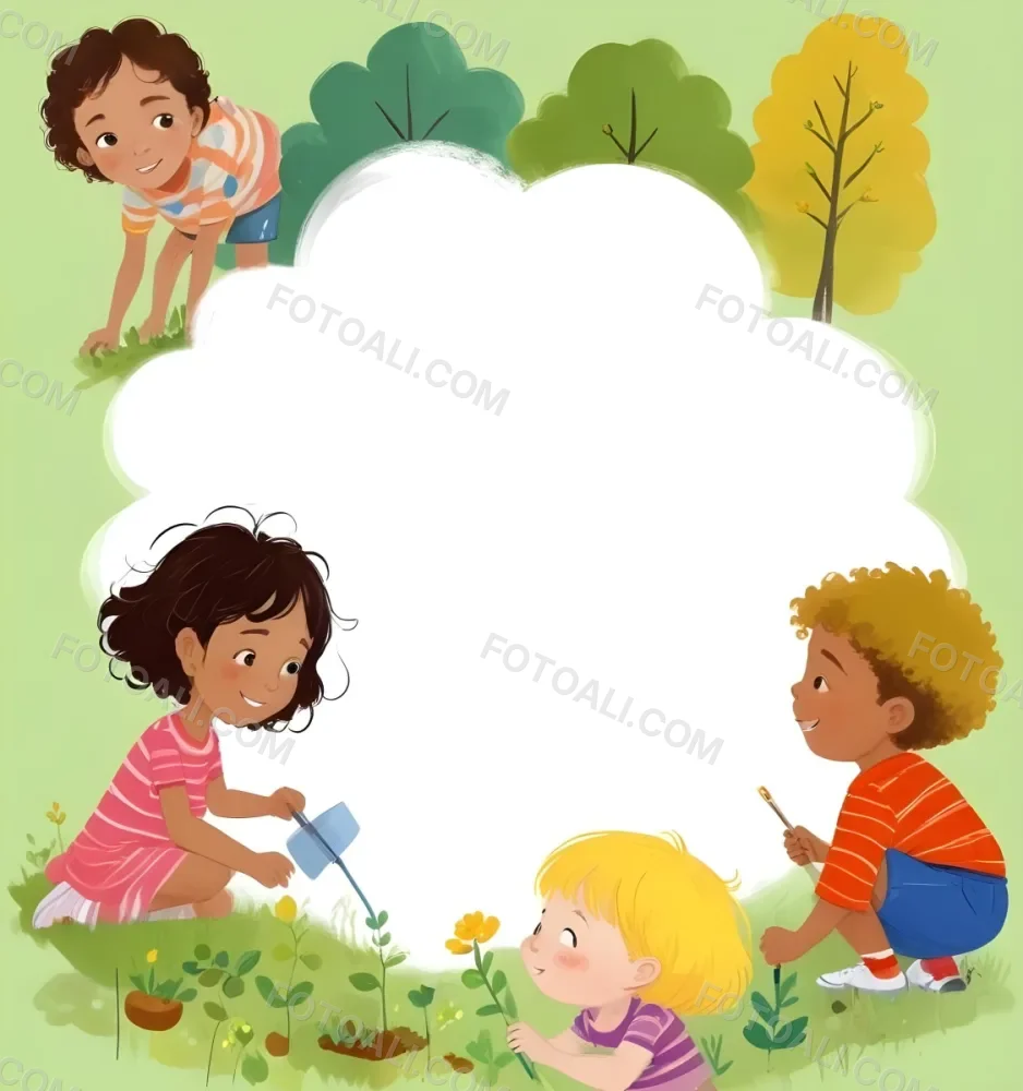 Digital Painting Four Kids With An Average Age Of 6 And Mixed Races Around A White Cloud Planting Plants In A Garden With Trees Bold And Slim Lines Brush Strokes 4 A7c4