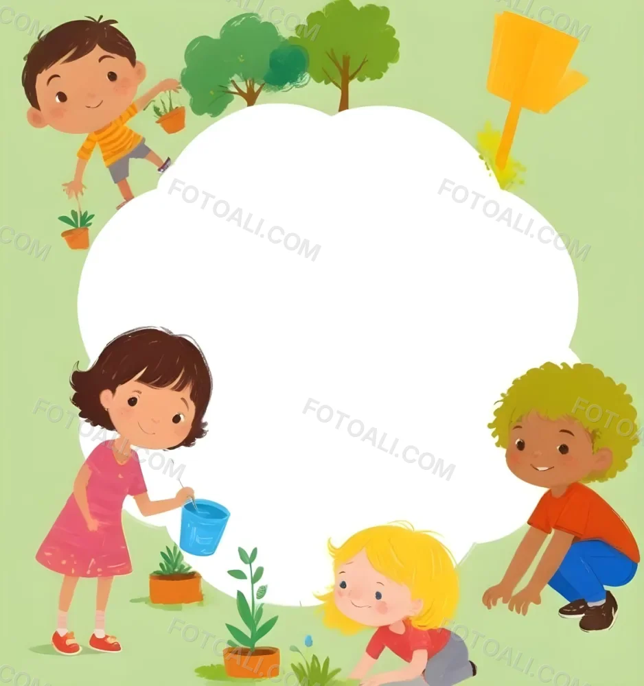 Digital Painting Four Kids With An Average Age Of 6 And Mixed Races Around A White Cloud Planting Plants In A Garden With Trees Bold And Slim Lines Brush Strokes 5 Ab44