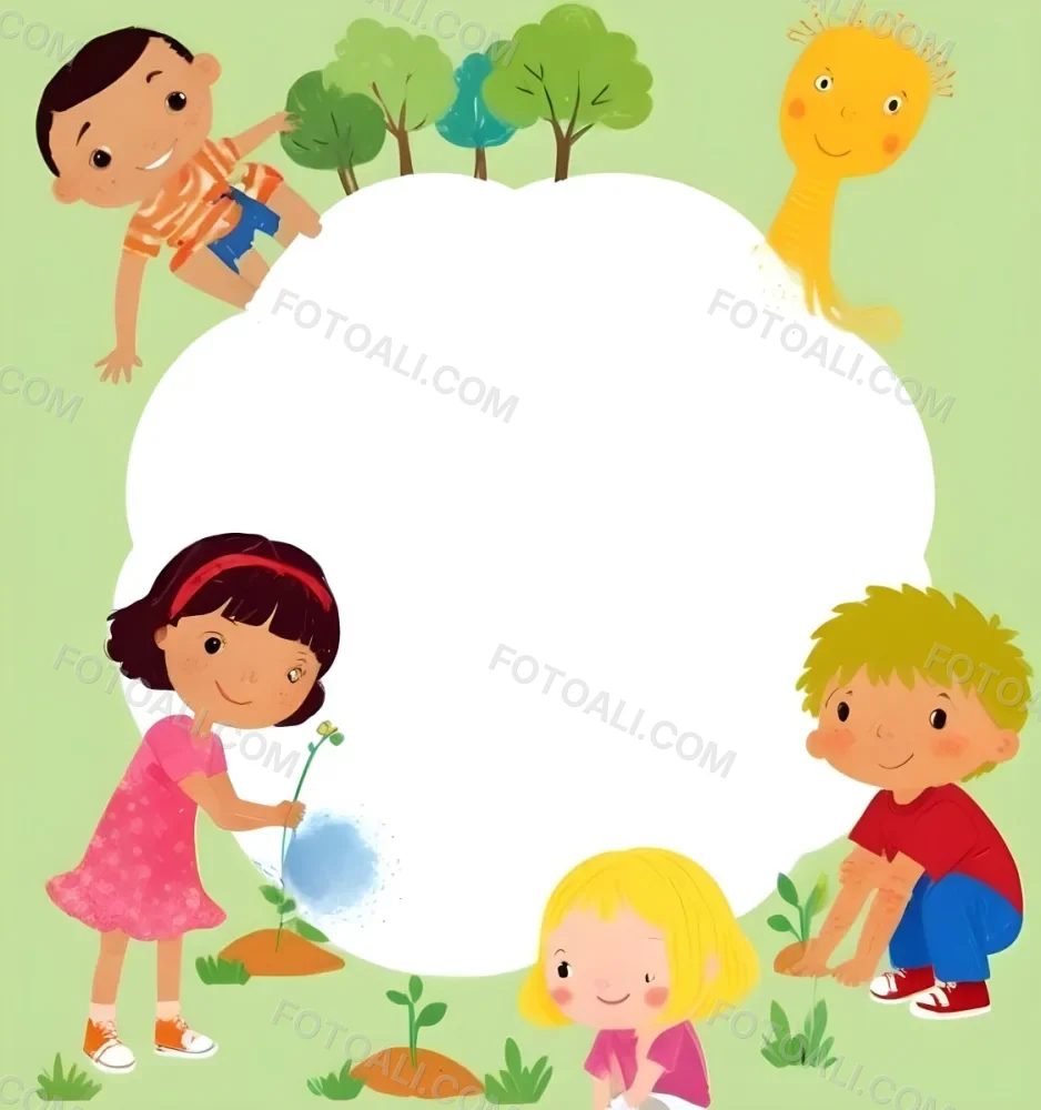 Digital Painting Four Kids With An Average Age Of 6 And Mixed Races Around A White Cloud Planting Plants In A Garden With Trees Bold And Slim Lines Brush Strokes 6 C773