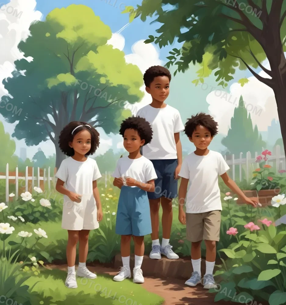 Digital Painting Four Kids With An Average Age Of 6 And Mixed Races Around A White Cloud Planting Plants In A Garden With Trees Bold And Slim Lines Brush Strokes 9 7bdc