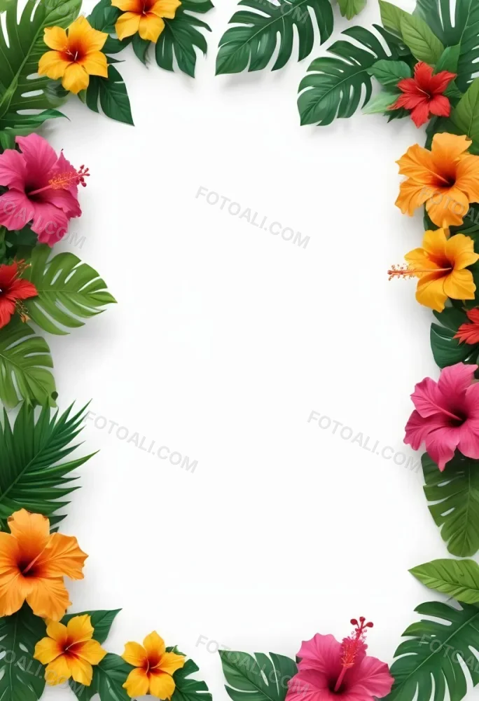 Digital Painting Frame Of Hibiscus Flowers Pineapple And Tropical Leaves On A White Background Vibrant Colors Tropical Theme Decorative Border Botanical Illustration Floral Arrangement Tropical Foliage Vibrant De 1 7155