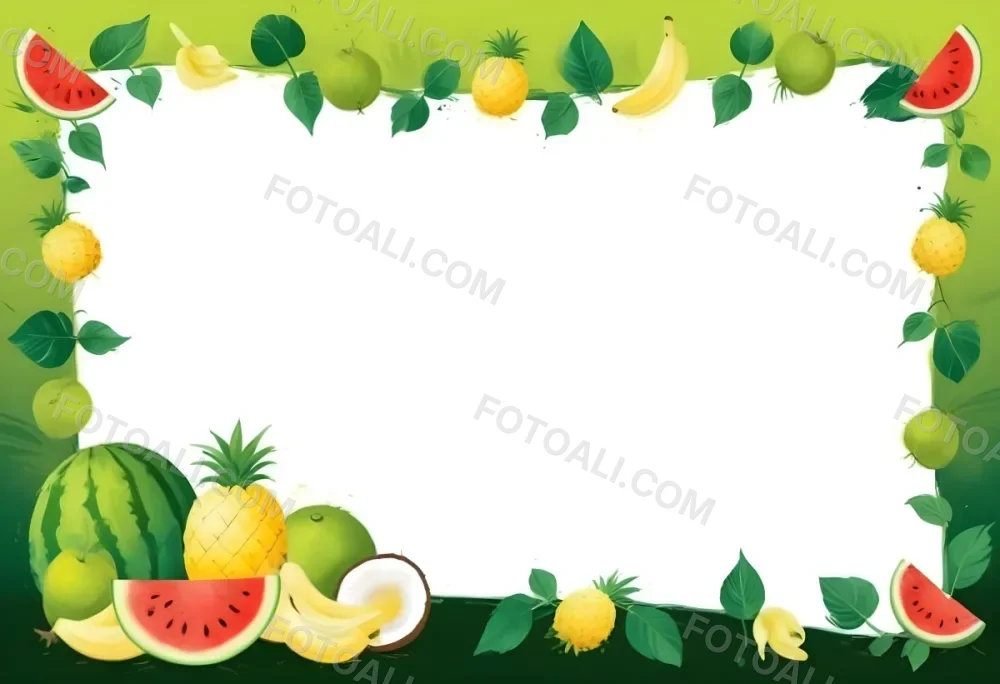 Digital Painting Frame With Pineapples Bananas Coconuts Watermelons And Green Leaves On A Green Background Bold And Slim Lines Brush Strokes 10 6c30