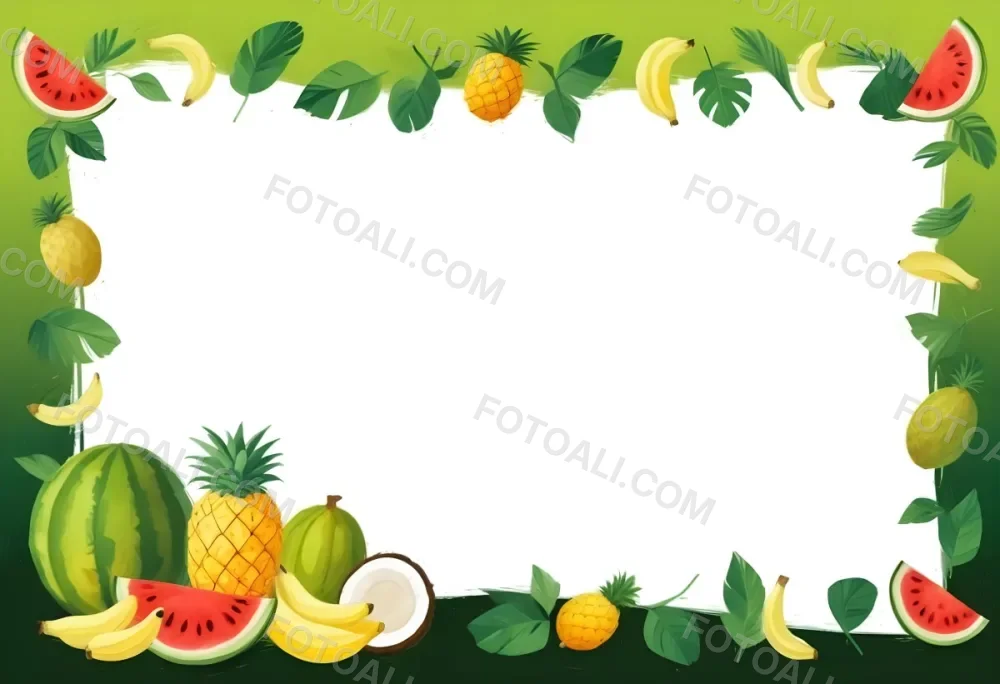 Digital Painting Frame With Pineapples Bananas Coconuts Watermelons And Green Leaves On A Green Background Bold And Slim Lines Brush Strokes 13 6997