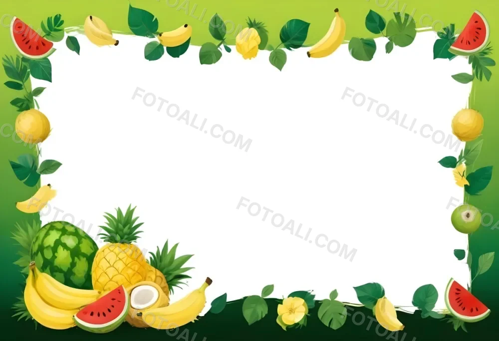 Digital Painting Frame With Pineapples Bananas Coconuts Watermelons And Green Leaves On A Green Background Bold And Slim Lines Brush Strokes 14 391e