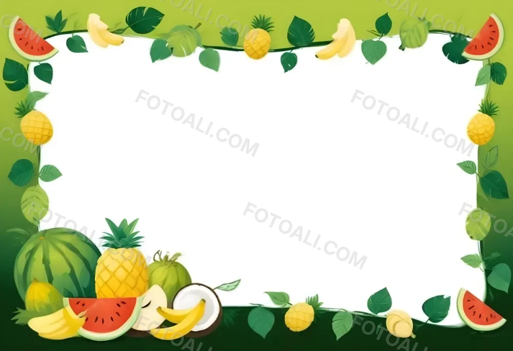 Digital Painting Frame With Pineapples Bananas Coconuts Watermelons And Green Leaves On A Green Background Bold And Slim Lines Brush Strokes 17 1506