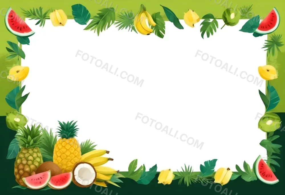 Digital Painting Frame With Pineapples Bananas Coconuts Watermelons And Green Leaves On A Green Background Bold And Slim Lines Brush Strokes 18 64b8