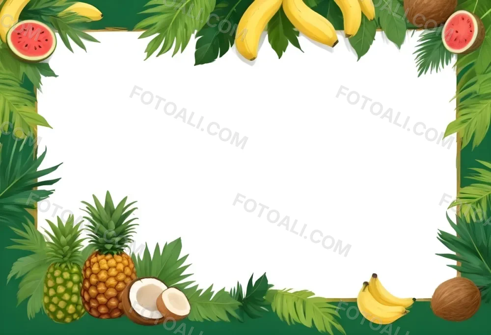 Digital Painting Frame With Pineapples Bananas Coconuts Watermelons And Green Leaves On A Green Background Bold And Slim Lines Brush Strokes 19 957b