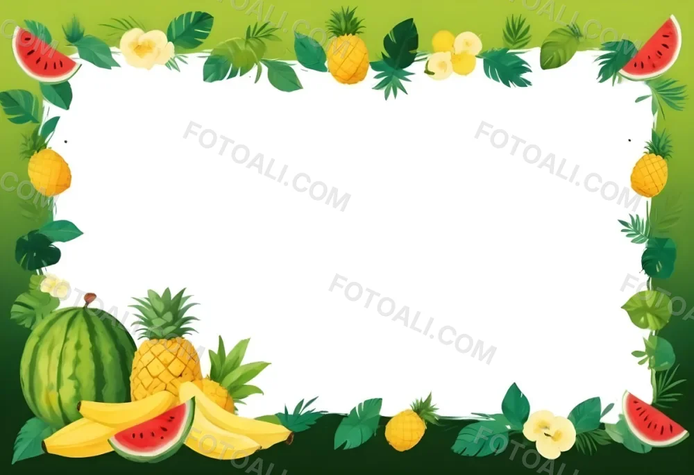 Digital Painting Frame With Pineapples Bananas Coconuts Watermelons And Green Leaves On A Green Background Bold And Slim Lines Brush Strokes 2 Bbc1