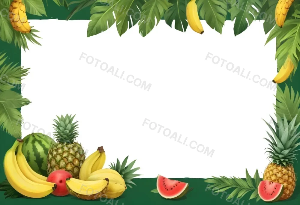 Digital Painting Frame With Pineapples Bananas Coconuts Watermelons And Green Leaves On A Green Background Bold And Slim Lines Brush Strokes 20 1ff9