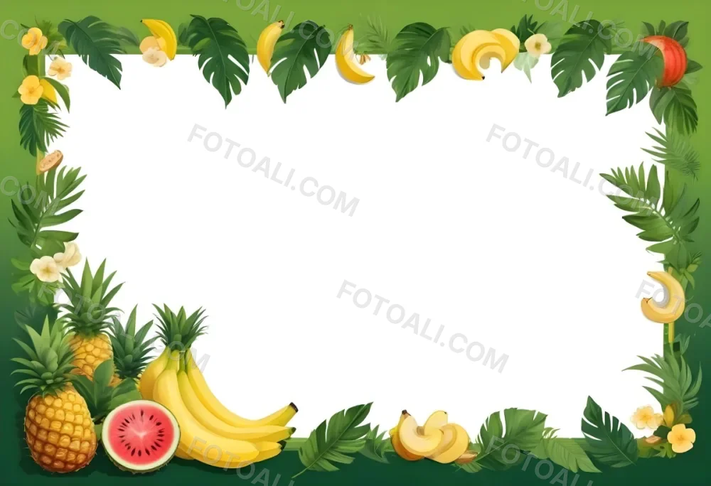 Digital Painting Frame With Pineapples Bananas Coconuts Watermelons And Green Leaves On A Green Background Bold And Slim Lines Brush Strokes 21 8996