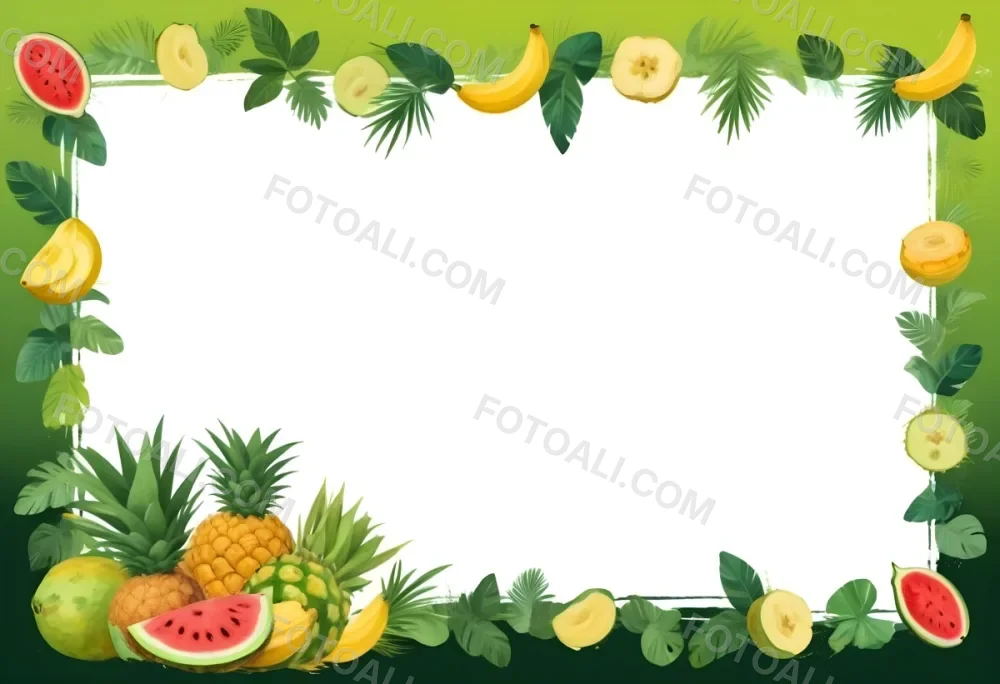 Digital Painting Frame With Pineapples Bananas Coconuts Watermelons And Green Leaves On A Green Background Bold And Slim Lines Brush Strokes 6 Bd7e