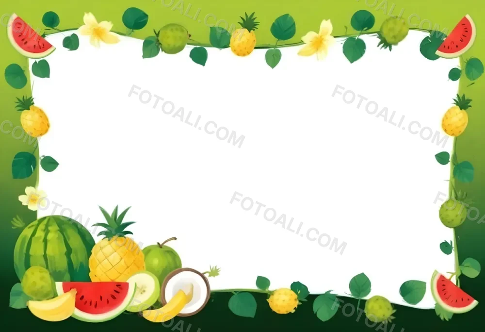 Digital Painting Frame With Pineapples Bananas Coconuts Watermelons And Green Leaves On A Green Background Bold And Slim Lines Brush Strokes 8 6ef7