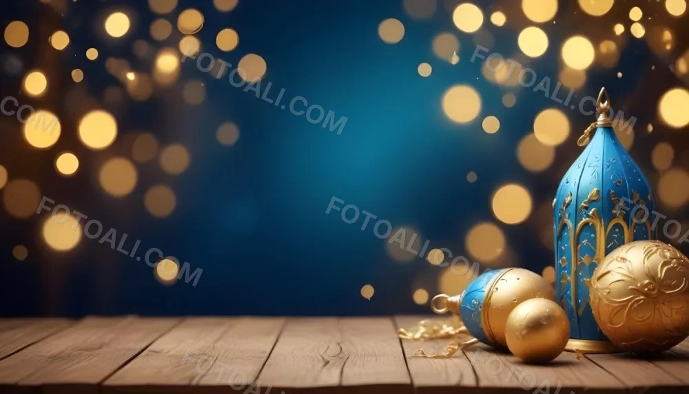Digital Painting Golden Decorative Objects On A Wooden Surface With A Blurred Background Of Blue And Golden Bokeh Lights Creating A Festive And Elegant Atmosphere Bold And Slim Lines Brush Strokes 1 32be