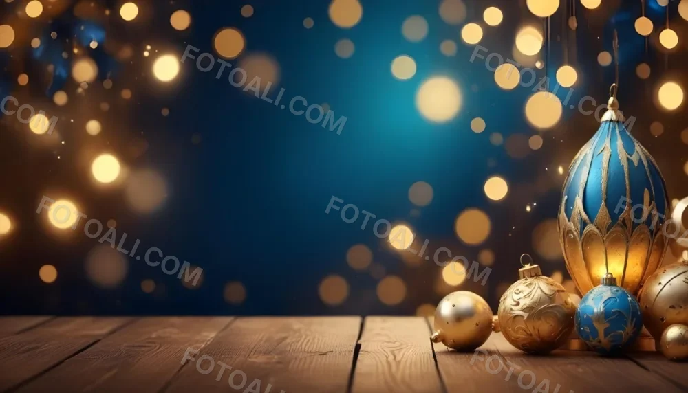 Digital Painting Golden Decorative Objects On A Wooden Surface With A Blurred Background Of Blue And Golden Bokeh Lights Creating A Festive And Elegant Atmosphere Bold And Slim Lines Brush Strokes 10 97d1